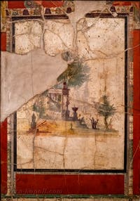 Affresco raffigurante un paesaggio con edifici sacri, Boscoreale, Ambiente della Villa di Agrippa Postumo, Museo Archeologico di Napoli