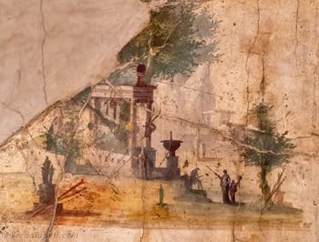 Affresco raffigurante un paesaggio con edifici sacri, Boscoreale, Ambiente della Villa di Agrippa Postumo, Museo Archeologico di Napoli