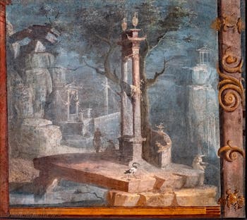 Affresco della Porta Sacra, templi e ibis, Pompei, Tempio di Iside, Museo Archeologico di Napoli