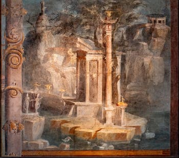 Affresco della Porta Sacra, tempio e martin pescatore, Pompei, Tempio di Iside, Museo Archeologico di Napoli