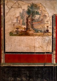 Affresco Paesaggio idilliaco e sacro, Boscoreale, Villa di Agrippa, Museo Archeologico di Napoli