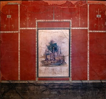 Affresco Paesaggio idilliaco e sacro, Boscoreale, Villa di Agrippa, Museo Archeologico di Napoli