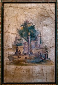 Affresco Paesaggio idilliaco e sacro, Boscoreale, Villa di Agrippa, Museo Archeologico di Napoli