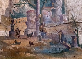 Affresco Paesaggio idilliaco e sacro, Boscoreale, Villa di Agrippa, Museo Archeologico di Napoli