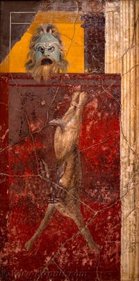 Affresco Maschera di Satiro e lepre, Pompei, insula Occidentalis, Museo Archeologico di Napoli