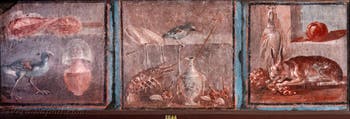 Affresco Natura morta, La tavola dei Romani, Ercolano, Casa dei Cervi, Museo Archeologico di Napoli