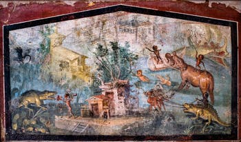 Affresco Scena nilotica con pigmei, Pompei, Casa del Medico, Museo Archeologico di Napoli