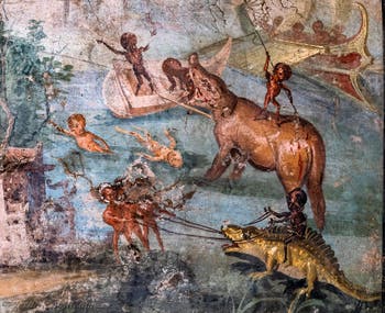 Affresco Scena nilotica con pigmei, Pompei, Casa del Medico, Museo Archeologico di Napoli