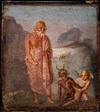 Affresco Sileno, Eros e Pan, Pompei, Casa di Meleagro, Museo Archeologico di Napoli