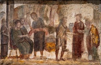 Affresco Vendita di tessuti, Pompei, Praedia di Giulia Felice, Museo Archeologico di Napoli