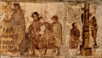 Affresco Vendita di scarpe, scriba e statua, Pompei, Praedia di Giulia Felice, Museo Archeologico di Napoli