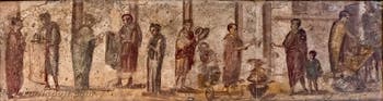 Affresco Vendita di tessuti, pentole, padelle e pane, Pompei, Praedia di Giulia Felice, Museo Archeologico di Napoli