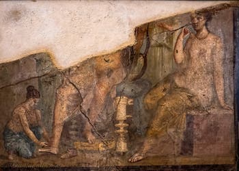 Affresco Vestizione di un suonatore di lira, Achille e le figlie di Licomede, Pompei, Casa di Meleagro, Museo Archeologico di Napoli